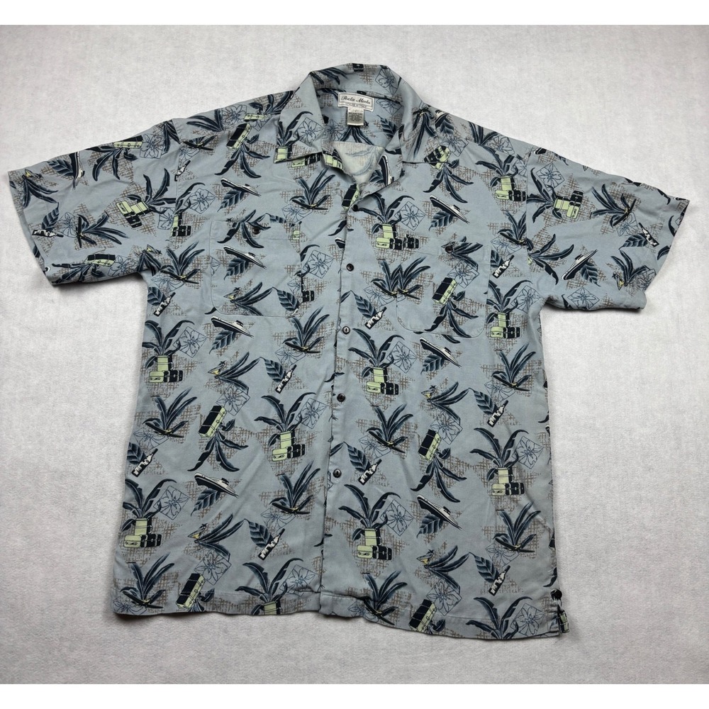 Poeta Moda Mens Large Silk Camp Shirt Blue Travel Novelty Print Suitcase Boat L